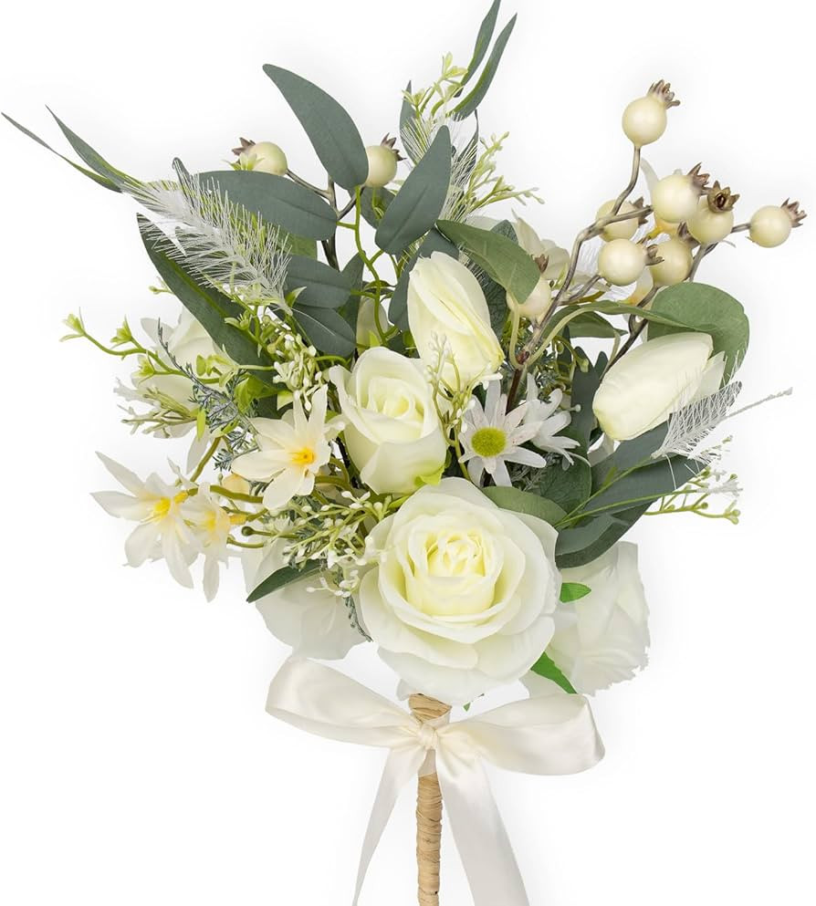 LLZLL Rose Artificial Flowers 6 Bunches White Flower Bouquet with Berries and Eucalyptus Leaf 17 ... | Amazon (US)