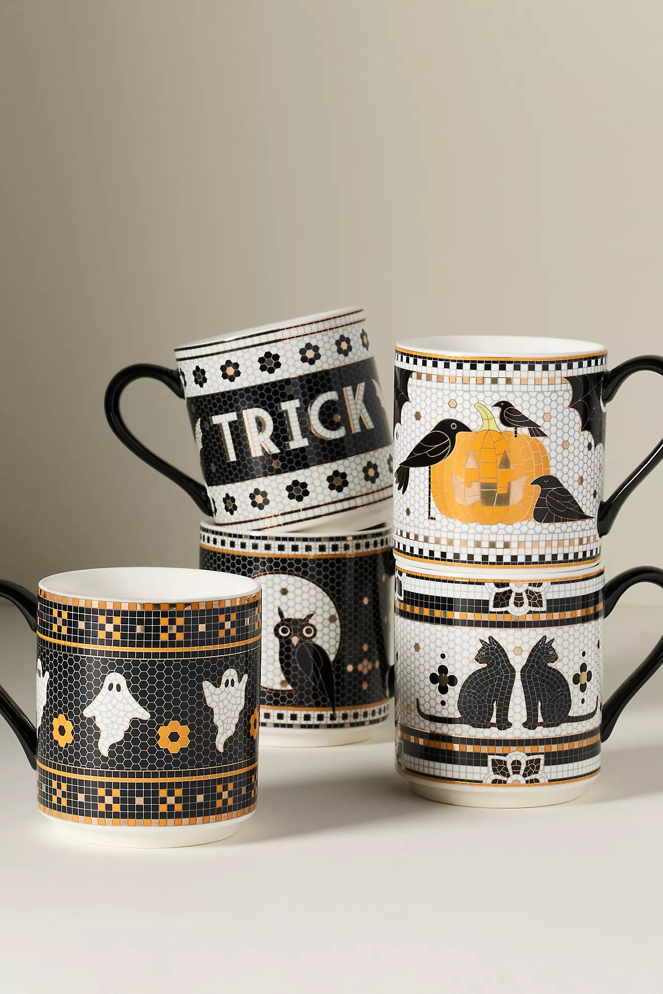 Bistro Tile Stoneware 24k Gold Accent Halloween Mug | Anthropologie (US)