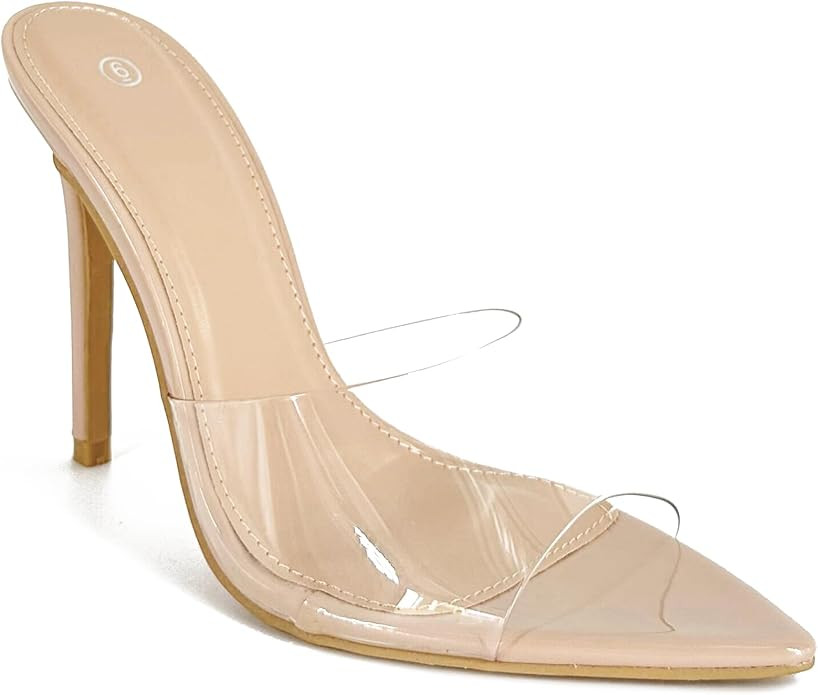 Women Clear Pointed Toe Sandals Stiletto Heels Transparent Strap High Heels Slip on Mules for Wom... | Amazon (US)
