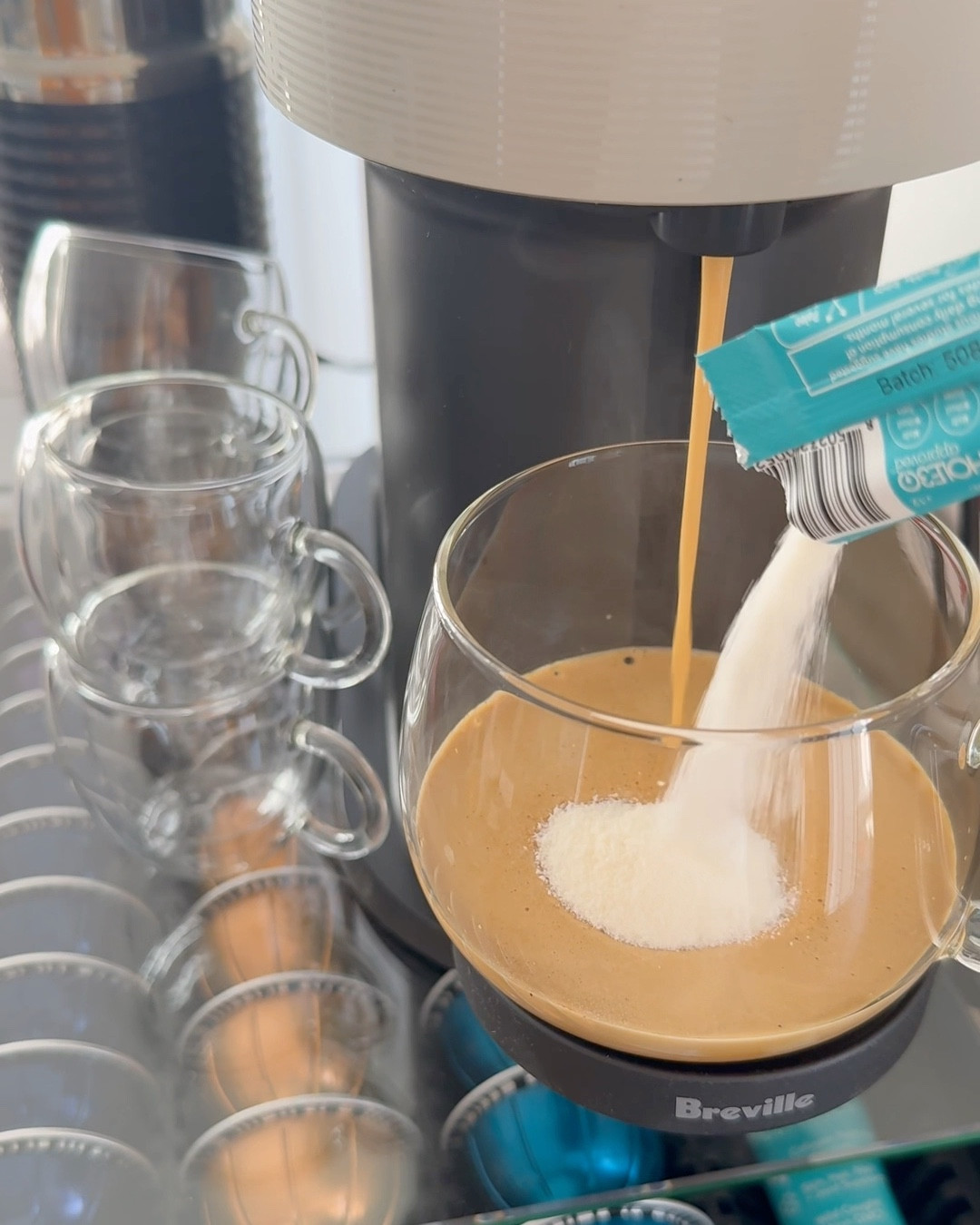 Morning coffee bliss with my Nespresso Vertuo Breville machine ☕️I always add Vital Protein’s collagen peptide to my morning coffee. Doesn’t taste anything and you can barely notice a difference in the texture of the coffee. I love this collagen as it’s easy to use and definitely boosts my body. Finding the stick packs to be an easy solution (they have a jar option too). Been using it for over a month now. 
My coffee accessories: I just got this aesthetic coffee pod organizer - comes in different sizes for different pods and I linked the one I got. I either drink from my big sized coffee cups or my cute espresso cups depending on which coffee I’m having. These are the flavors and vertuo pods I go for:
Regular sized coffee cup (little to no milk required)
🩵Odacio (turquoise pod) 
🧡Melozio (gold/orange pod)
💛Bianco (gold pod) -> to be used with milk/create a cappuccino 
For espresso/ristretto:
💙Diavolitto (dark blue)
💜Altissio (dark purple)

I hope you found this guide useful! It took me some time to figure out which pods to go for and just happy to share my own research. These are all pods with neutral coffee flavors and no added extra sugars etc ✨

#LTKHome