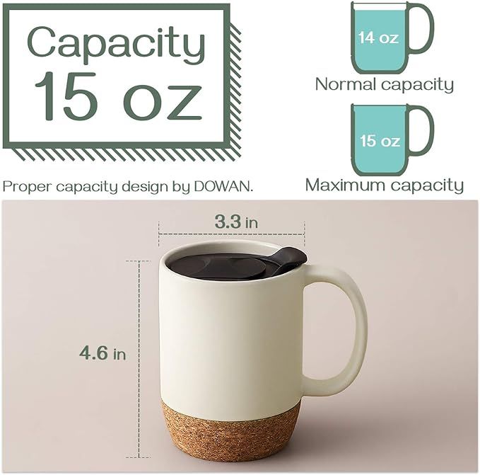 DOWAN Coffee Mugs Set of 2, 15 OZ Ceramic Mug with Insulated Cork Bottom and Splash Proof Lid, La... | Amazon (US)