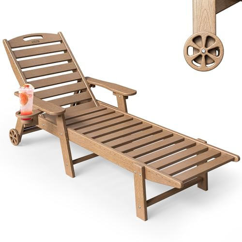 SUUNYN Chaise Lounge Outdoor, Lounge Chair Outdoor with Wood Texture, Adjustable 5-Position Backrest, HDPE Lounge Chair with Wheels & Cup Holder for Pool Deck Backyard, Teak | Amazon (US)