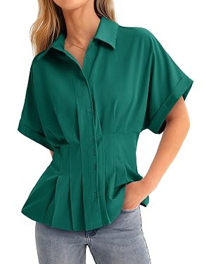 Cicy Bell Womens Pleated Button Down Blouse Summer Cuffed Short Sleeve Peplum Tops Casual Dressy ... | Amazon (US)