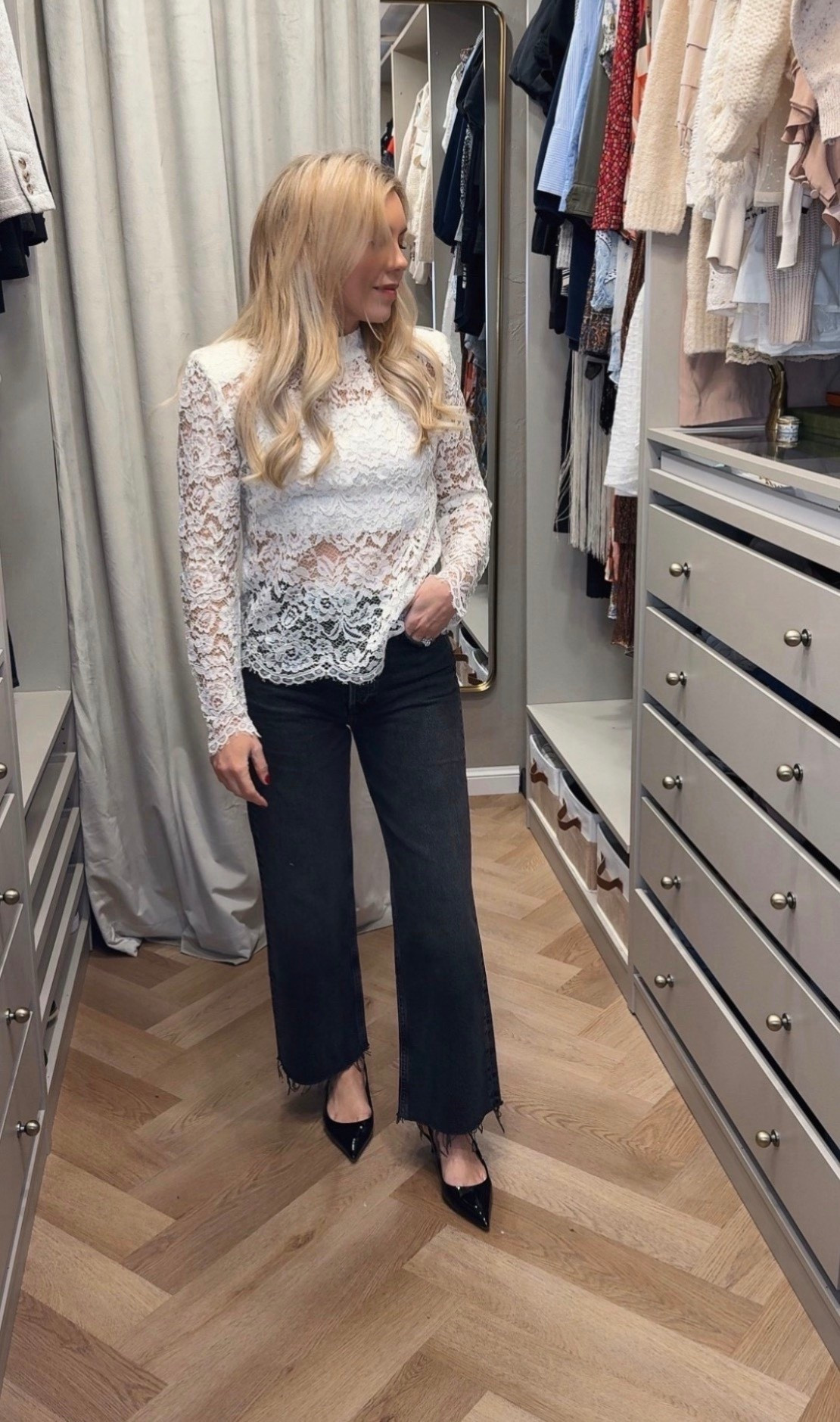 Lace top
Black jeans 
Wide leg cropped jeans 
Kitten heel 

#LTKSeasonal #LTKgrwm #LTKootd