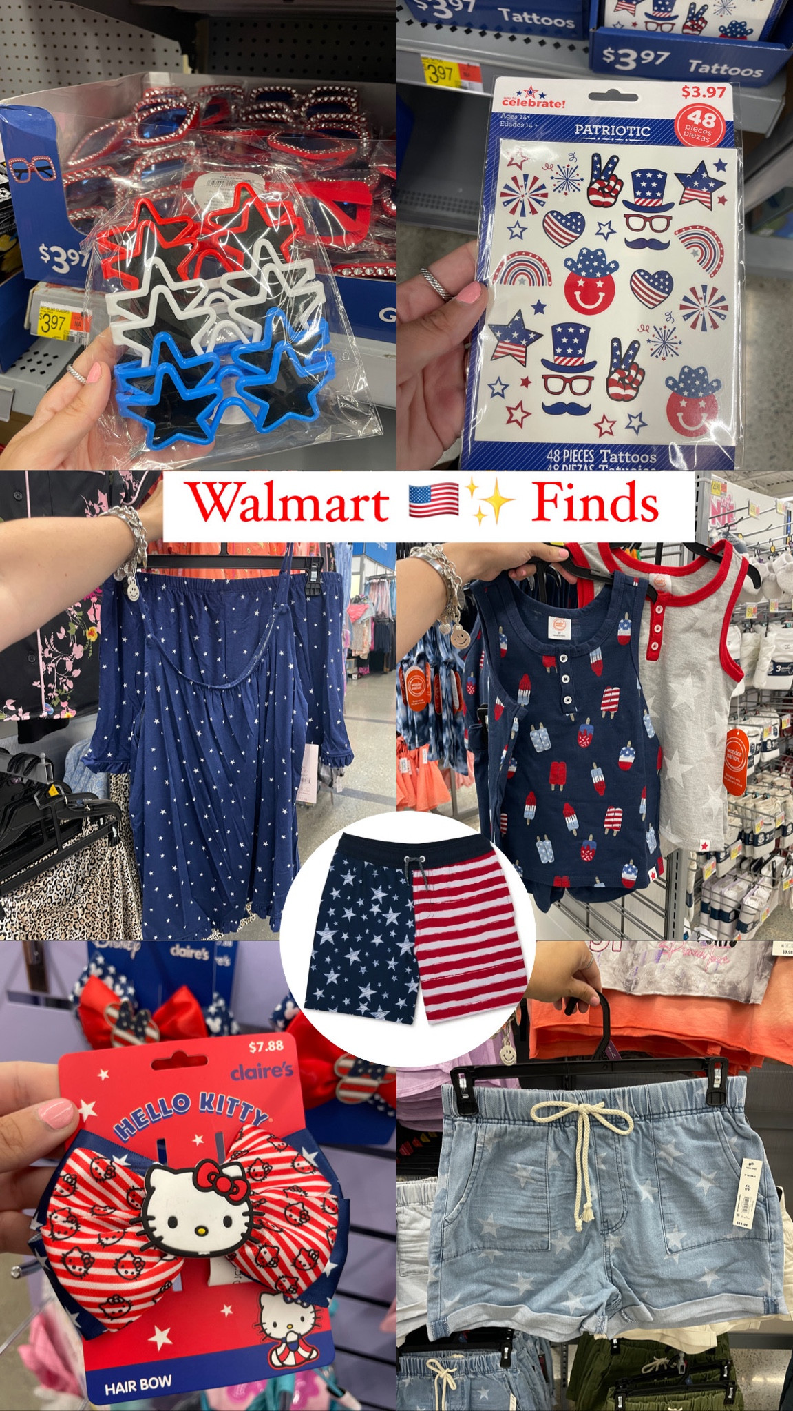 Walmart had all the Americana stuff out! These boys swim shorts are only $9.98 and my kids get them every year. 

These drawstring shorts for women would be so fun with a white bodysuit and red hair accessories/red sandal ✨🇺🇸