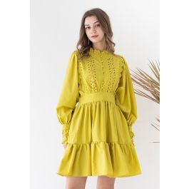 Embroidered Floral Eyelet Frilling Dress in Mustard | Chicwish