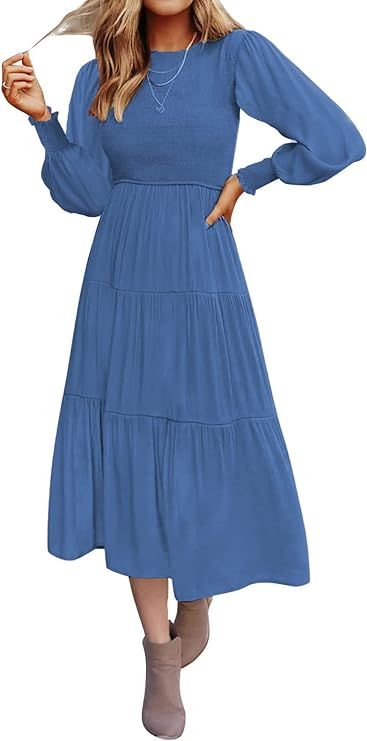 Tobrief Women's Smocked Midi Dress Fall Long Sleeve Elastic High Waist Flowy Tiered Dress | Amazon (US)