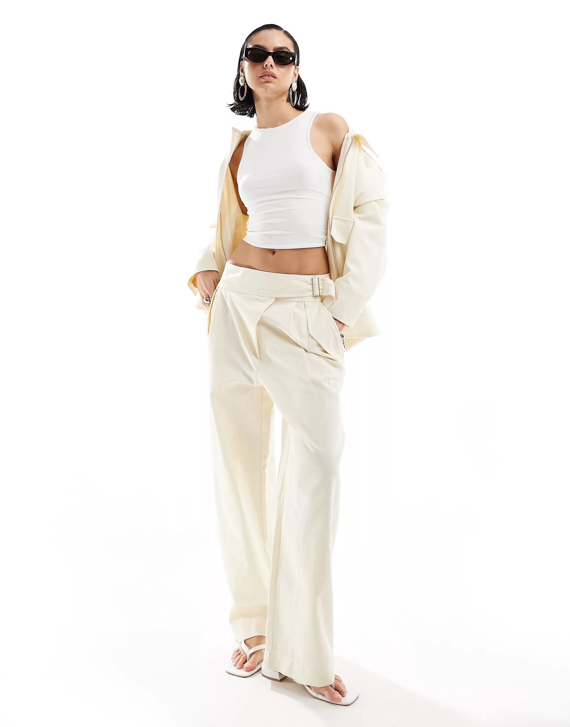 Mango linen mix buckle detail pants in white - part of a set | ASOS (Global)