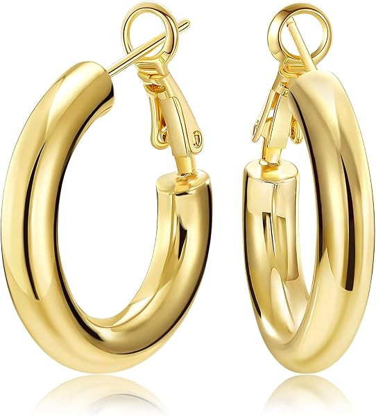 SHOWNII Chunky Gold Hoop Earrings - 14K Gold Plated Earrings for Women Hollow Tube Lightweight Th... | Amazon (US)