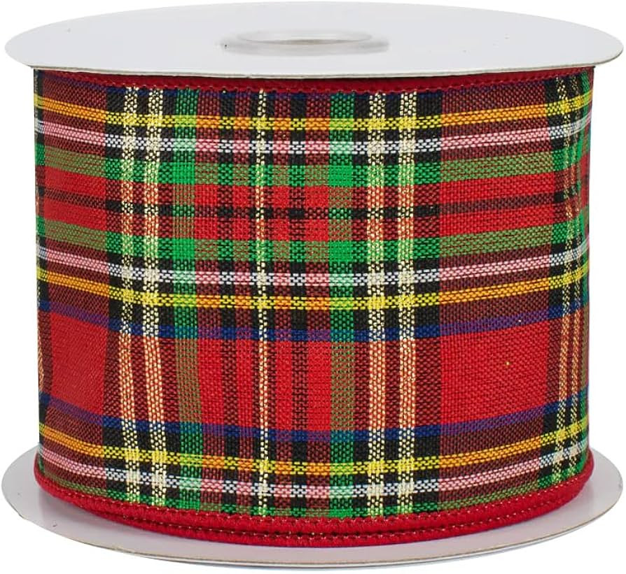 Christmas Plaid Tartan Wired Ribbon - 2 1/2" x 10 Yards, Red, Green, Gold, Blue, Winter Decor, Gi... | Amazon (US)