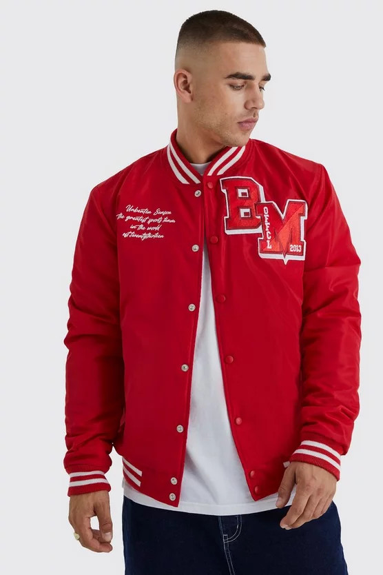 Nylon Varsity Jacket With Badges | boohooMAN (US & Canada)