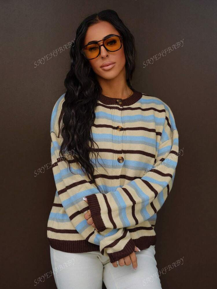 SAYEHFBABY Oversized Button Through Drop Shoulder Knitted Stripe Jumper Fall, Autumn, Old Money, ... | SHEIN