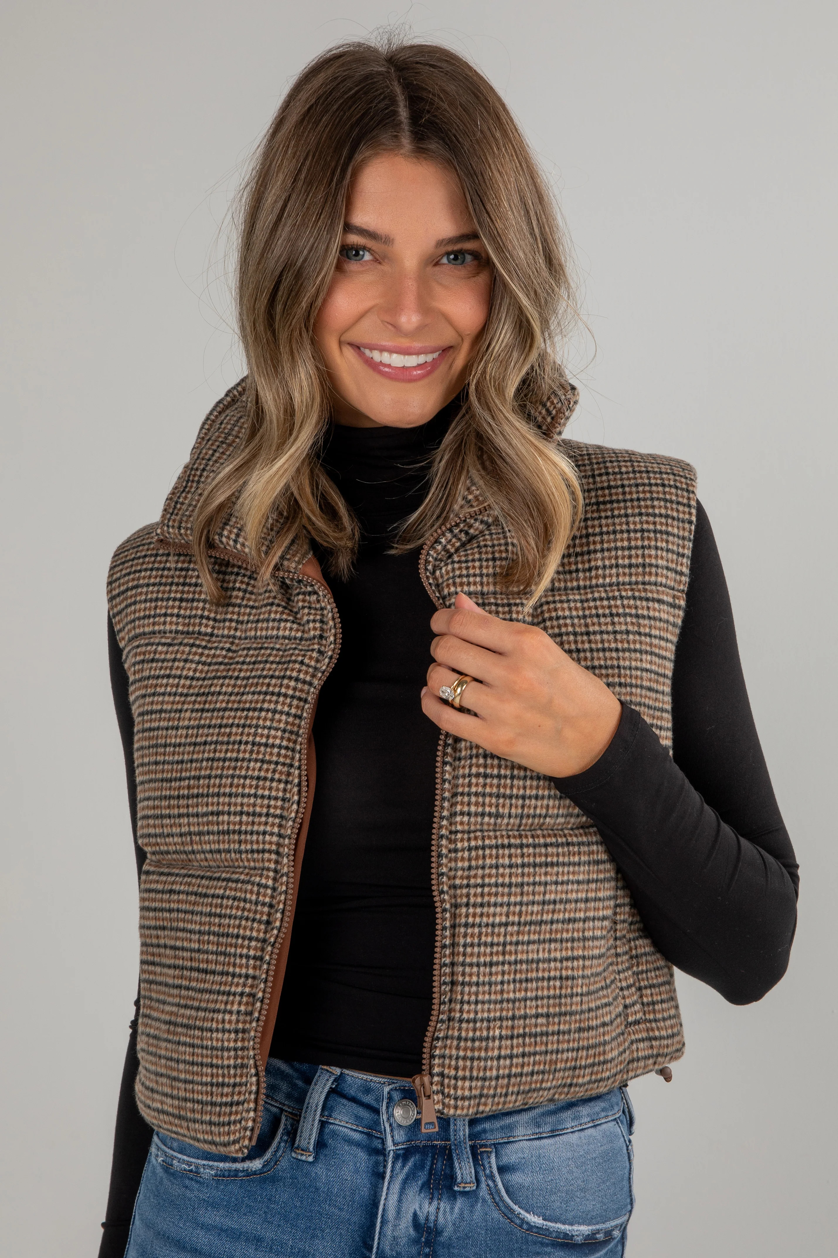 Cute Brown Plaid Puffer Vest | Women's Outerwear | Dress Up | Dress Up