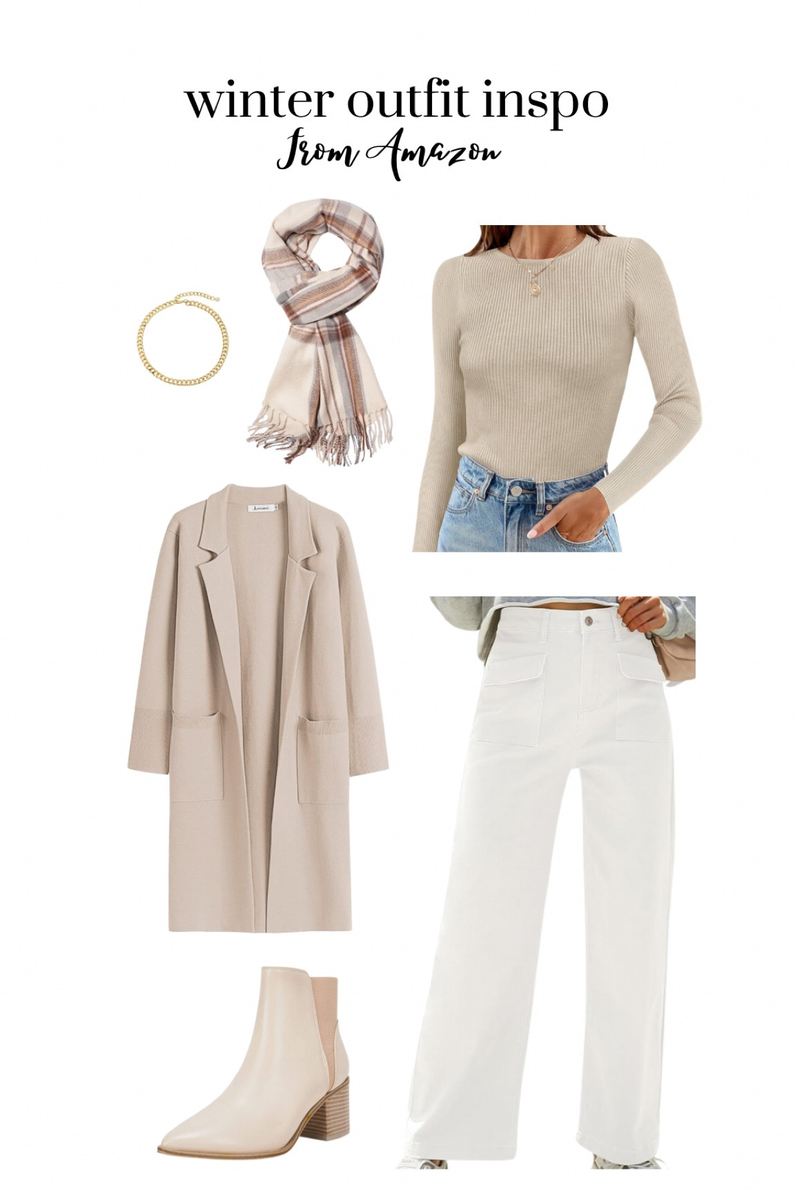 Winter outfit inspo- cute winter outfit ideas from Amazon- long beige jacket, beige sweater, white boyfriend jeans, and scarf