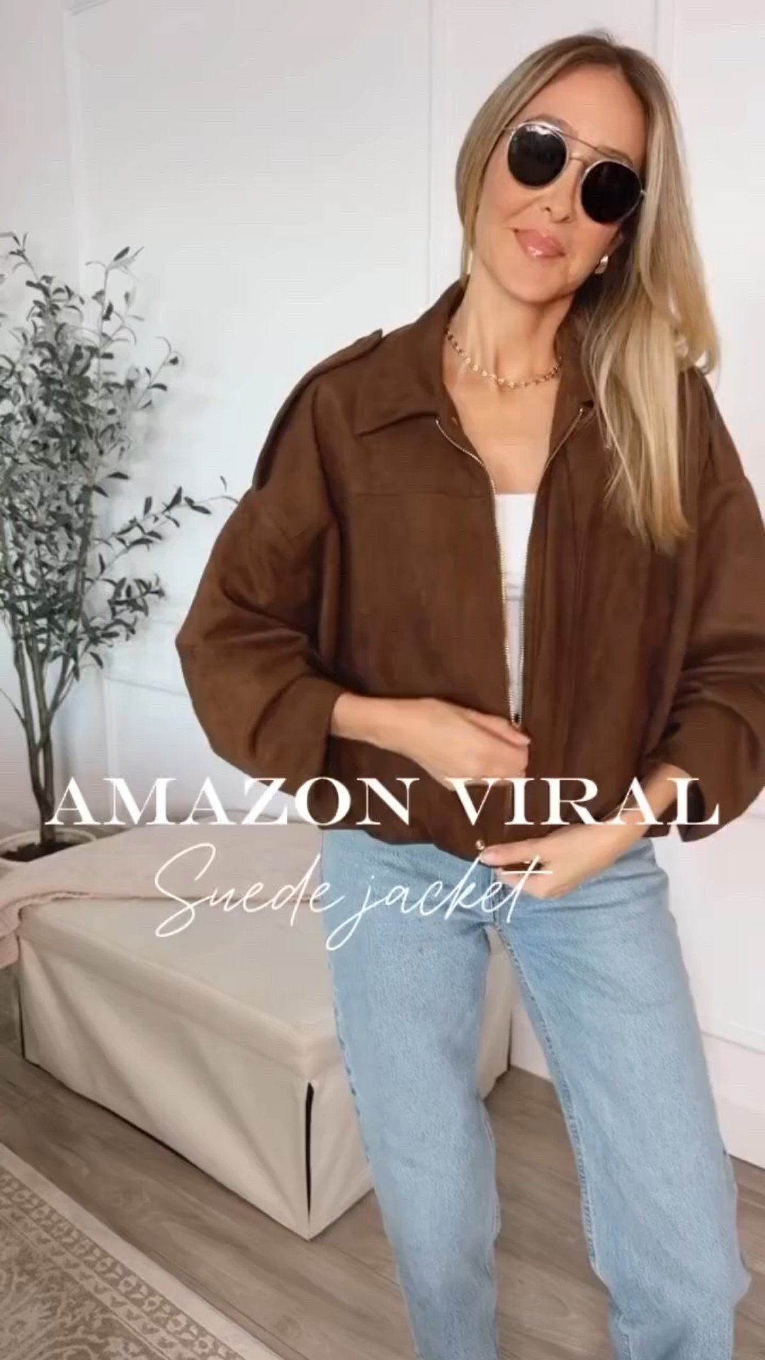 My color is the brown color .
Amazon viral suede bomber Jacket 
Gorgeous fitting and the quality is outstanding 
Runs tts, wearing a size small 
Denim run tts, wearing a size 27 
Long version 
Winter outfit 


#LTKSeasonal #LTKU #LTKootd