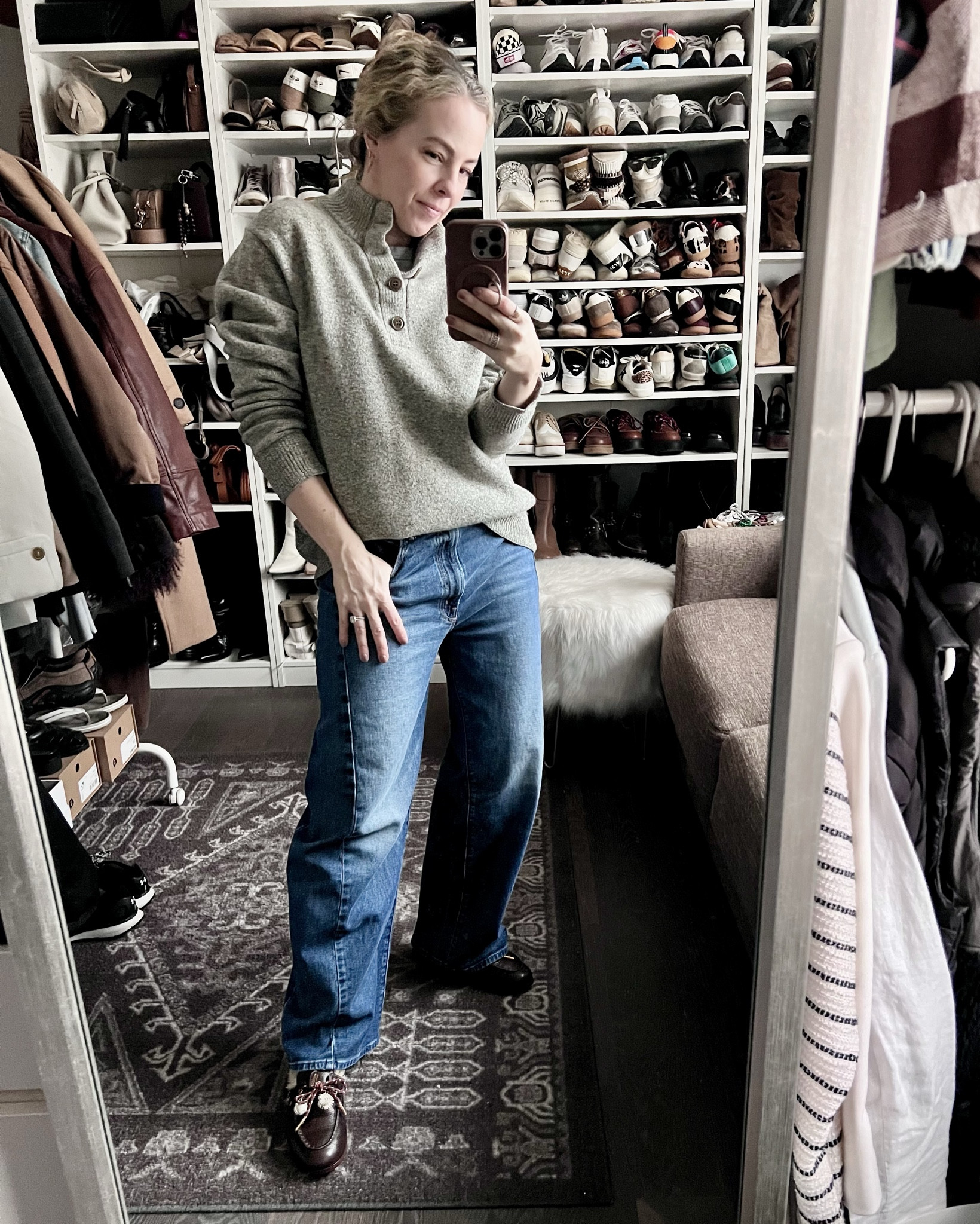 Is it spring? Is it winter? Temps can’t decide recently so I went back to…you know it, sweater and jeans!

This sweater is an old men’s one from J Crew that my husband accidentally shrank. Mine now!

#LTKOver40