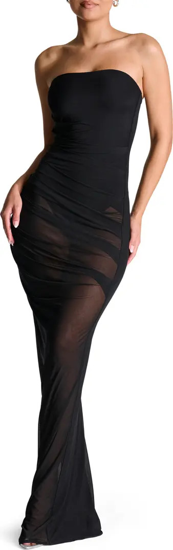 Naked Wardrobe Strapless Shirred Sheer Mesh Body-Con Dress | Nordstrom | Nordstrom