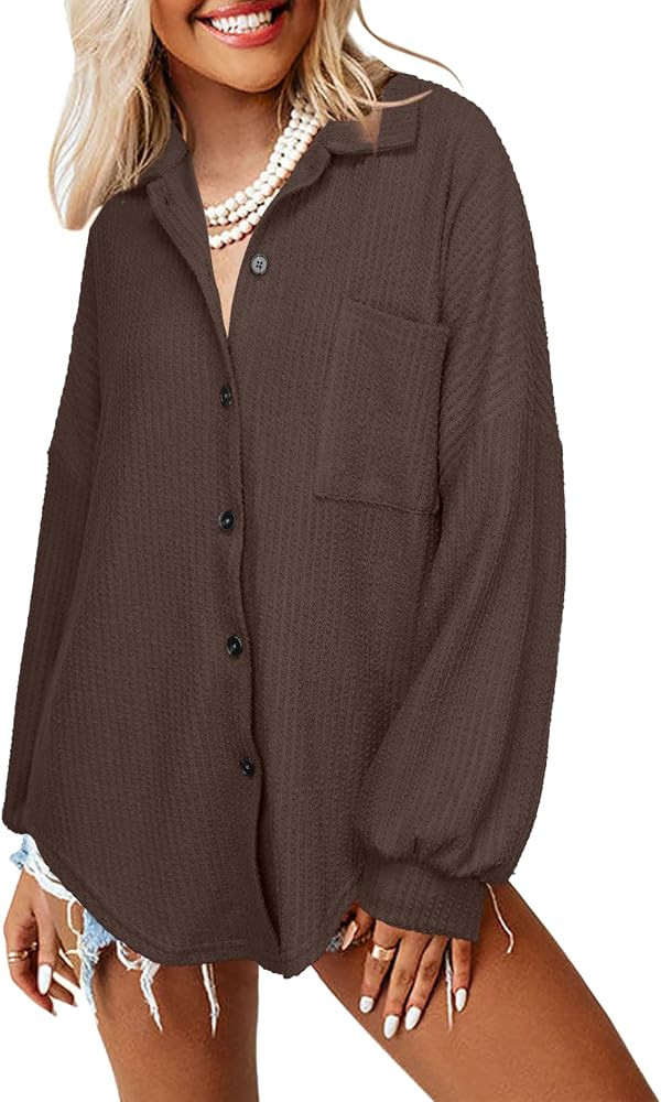 Darong Womens Ribbed Knit Shacket Jacket Casual Long Sleeve Button Down Shirts Dressy Blouses Top... | Amazon (US)