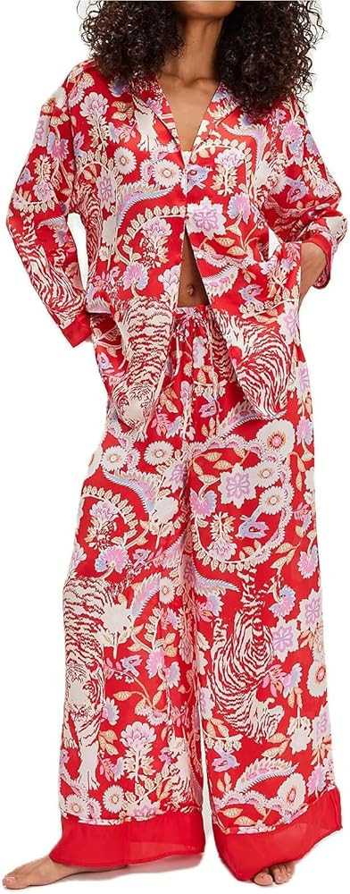 Arssm Women 2 Piece Satin Silk Pajama Set Floral Long Sleeve Pajamas Soft Button Down Pjs Set Sle... | Amazon (US)