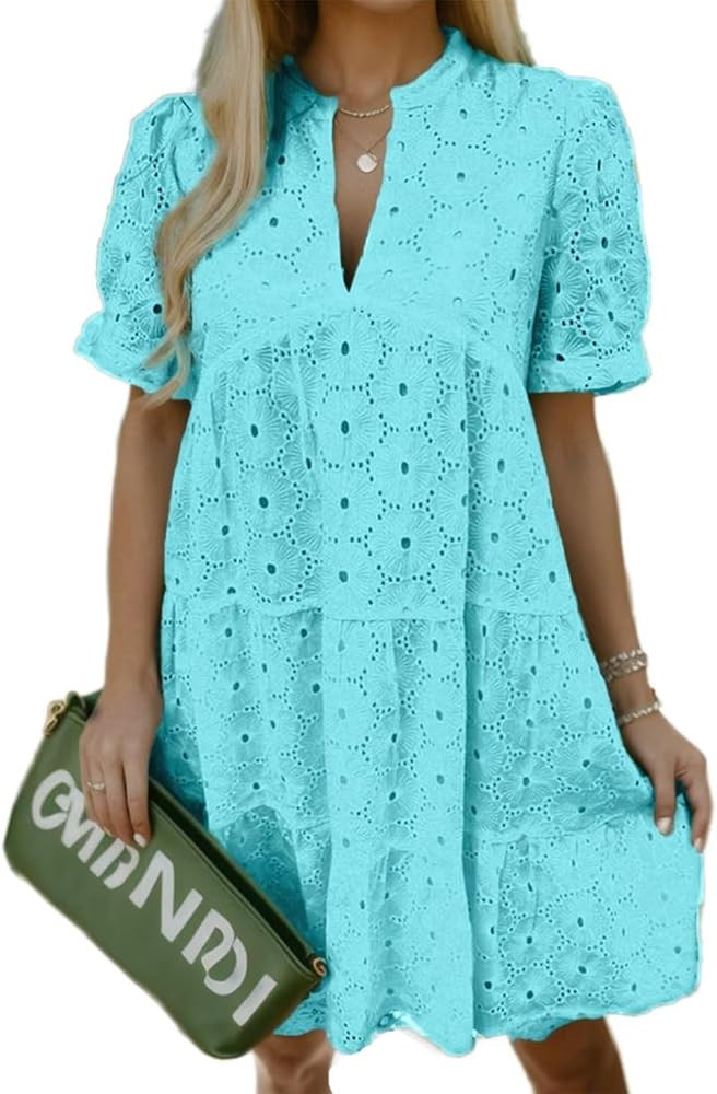 Flamingals Eyelet Dress for Women Embroidery Ruffle Hem Knee Length Casual Dress | Amazon (US)