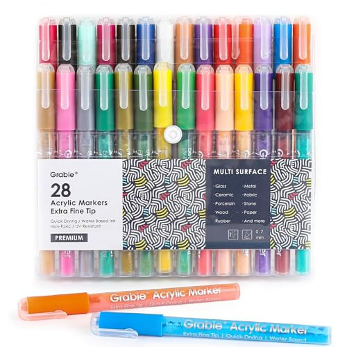 Grabie Acrylic Paint Pens Markers, 28 Colors, 0.7 mm, Extra Fine Tip Drawing Markers, Premium Paint Pens for Painting on Various Surface, Art Supplies, Set of 28 | Amazon (US)