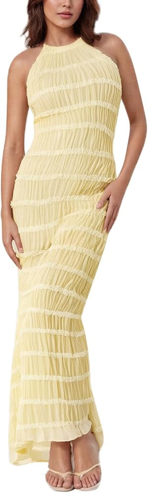 Women Halter Neck Backless Dresses Summer Sleeveless Smocked Maxi Dress Fashion Beach Vacation Fl... | Amazon (US)