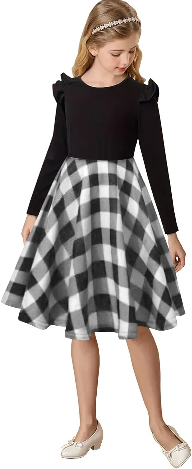 21KIDS Girls Buffalo Check Plaid Dress Kids Ruffle Long Sleeve Christmas Midi Dresses with Pocket... | Amazon (US)