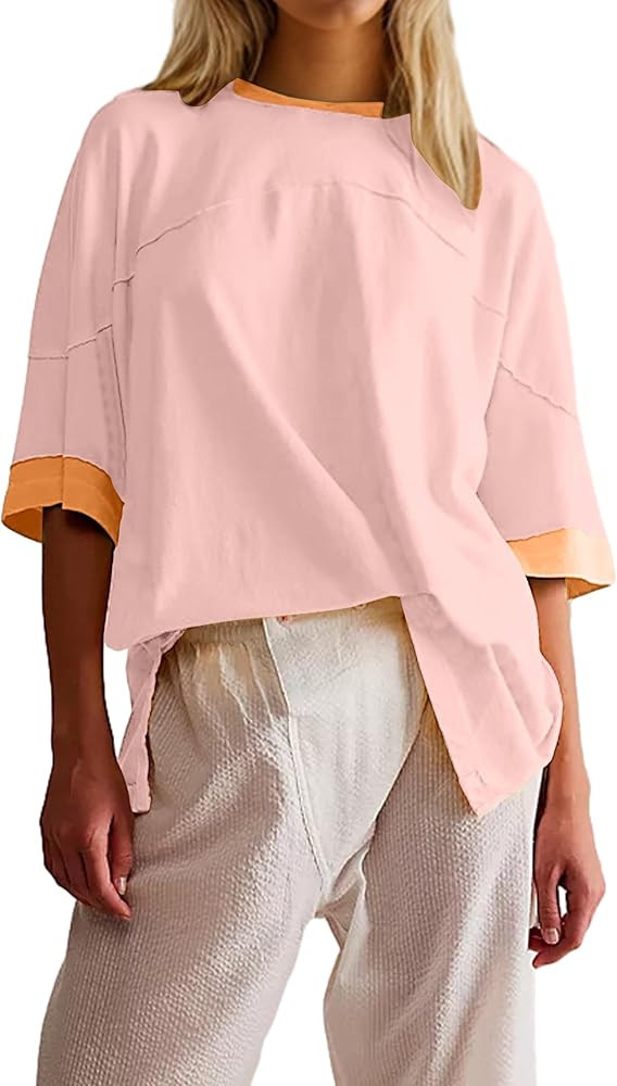 Women Color Block Y2K Oversized T Shirts Short Sleeve Round Neck Split Side Patchwork Loose Fit S... | Amazon (US)