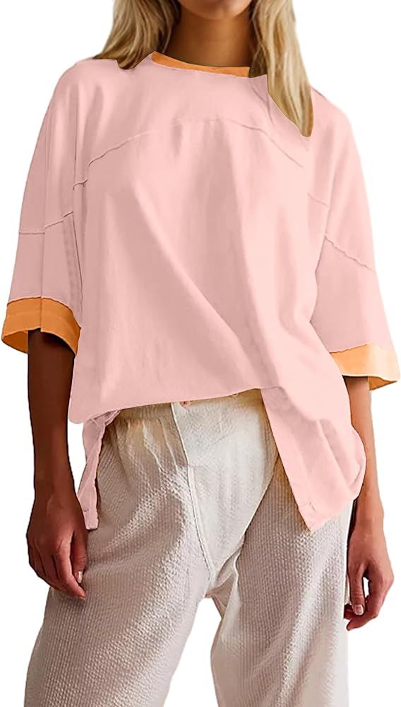 ACCPUR Women Color Block Y2K Oversized T Shirts Short Sleeve Round Neck Split Side Patchwork Loos... | Amazon (US)