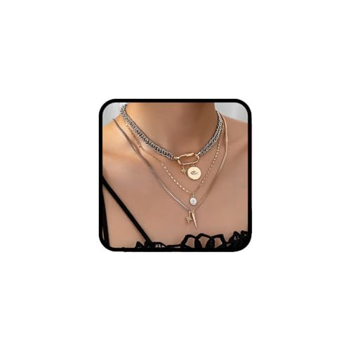 sunglnl Gold Layered Necklaces For Women, 3PS Chunky Two Tone Necklace Silver Coin Pendant Paperclip Stacked Chain Trendy Statement Jewelry Gift (layer necklace) | Amazon (US)