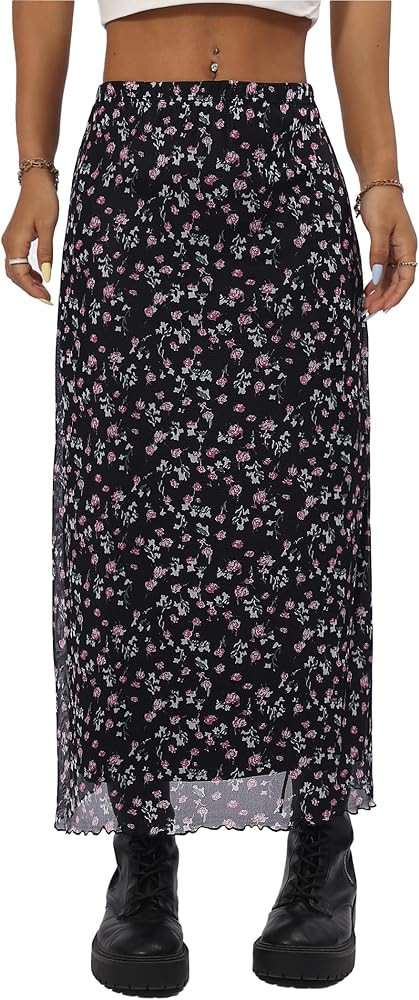 Avanova Women Mesh Floral Boho High Waist Midi Skirt Lettuce Trim Summer A Line Skirt | Amazon (US)