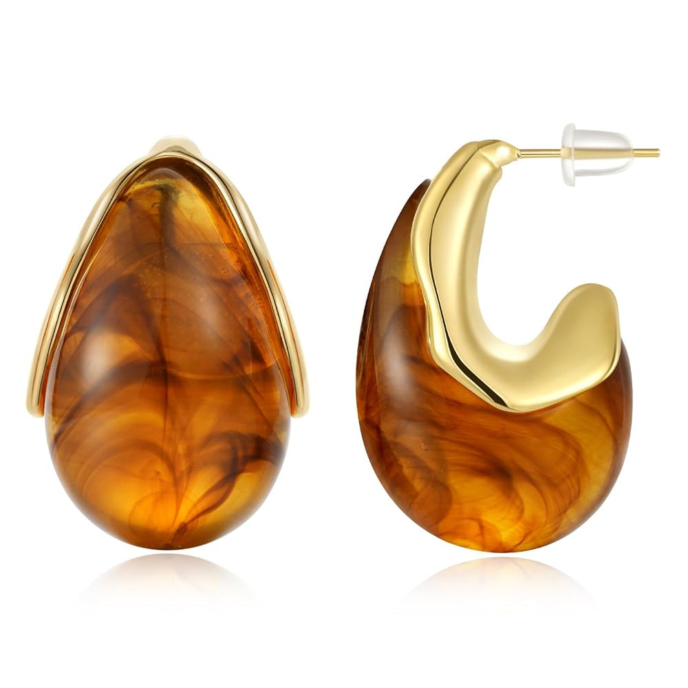 KissYan Acrylic Teardrop Earrings for Women, 14K Gold Plated Resin Chunky Hoop Earrings, Lightwei... | Amazon (US)