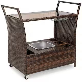 Best Choice Products Brown Wicker Outdoor Rolling Bar Serving Cart with Ice Bucket, Glass Counter... | The Home Depot