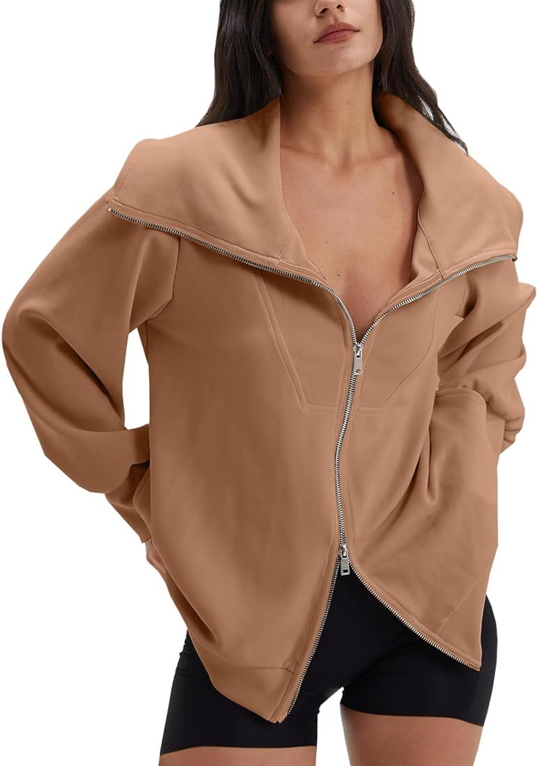 DEEP SELF Women's Full Zip Up Oversized Sweatshirts Long Sleeve Collared Casual Jacket 2023 Fall ... | Amazon (US)