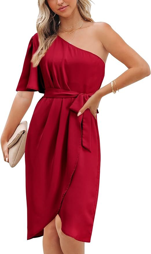 VOTEPRETTY Women's One Shoulder Cocktail Dress Ruched Bodycon Belted Short Sleeve Wedding Guest D... | Amazon (US)