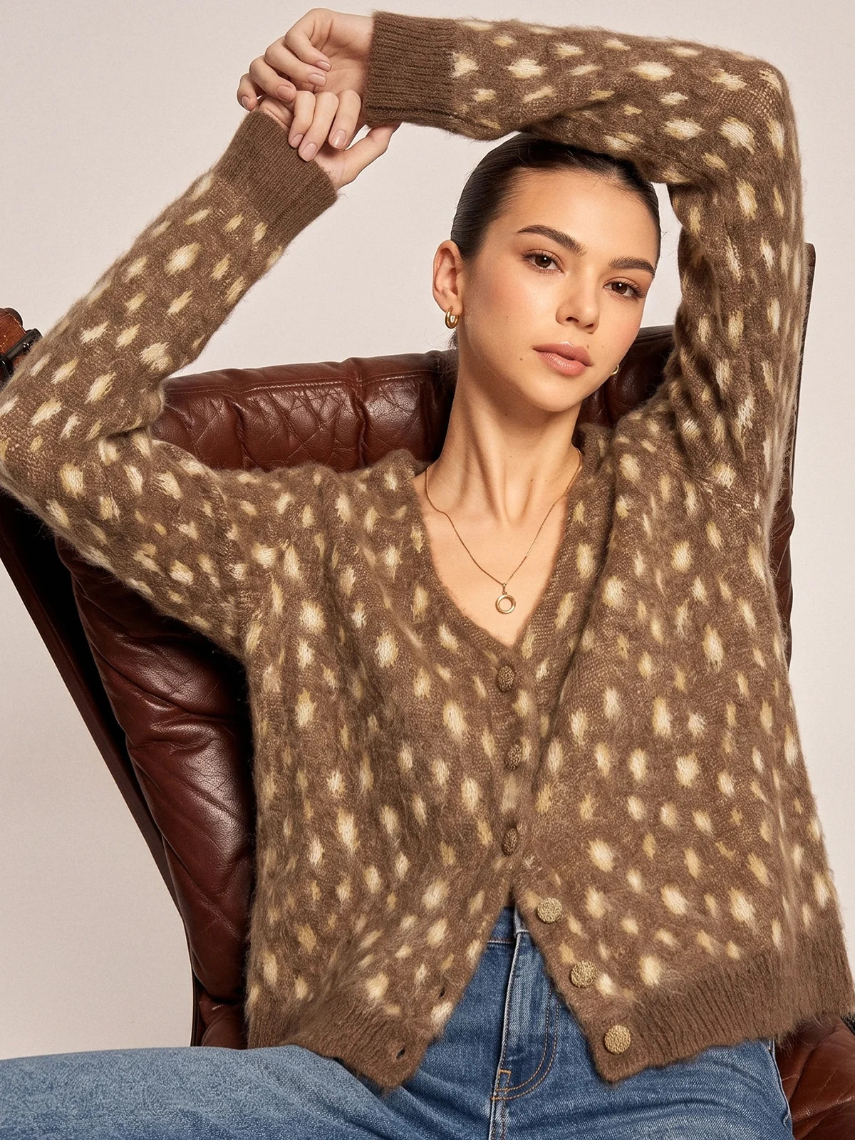 V Neck Spotted Fluffy Knit Cardigan | Commense