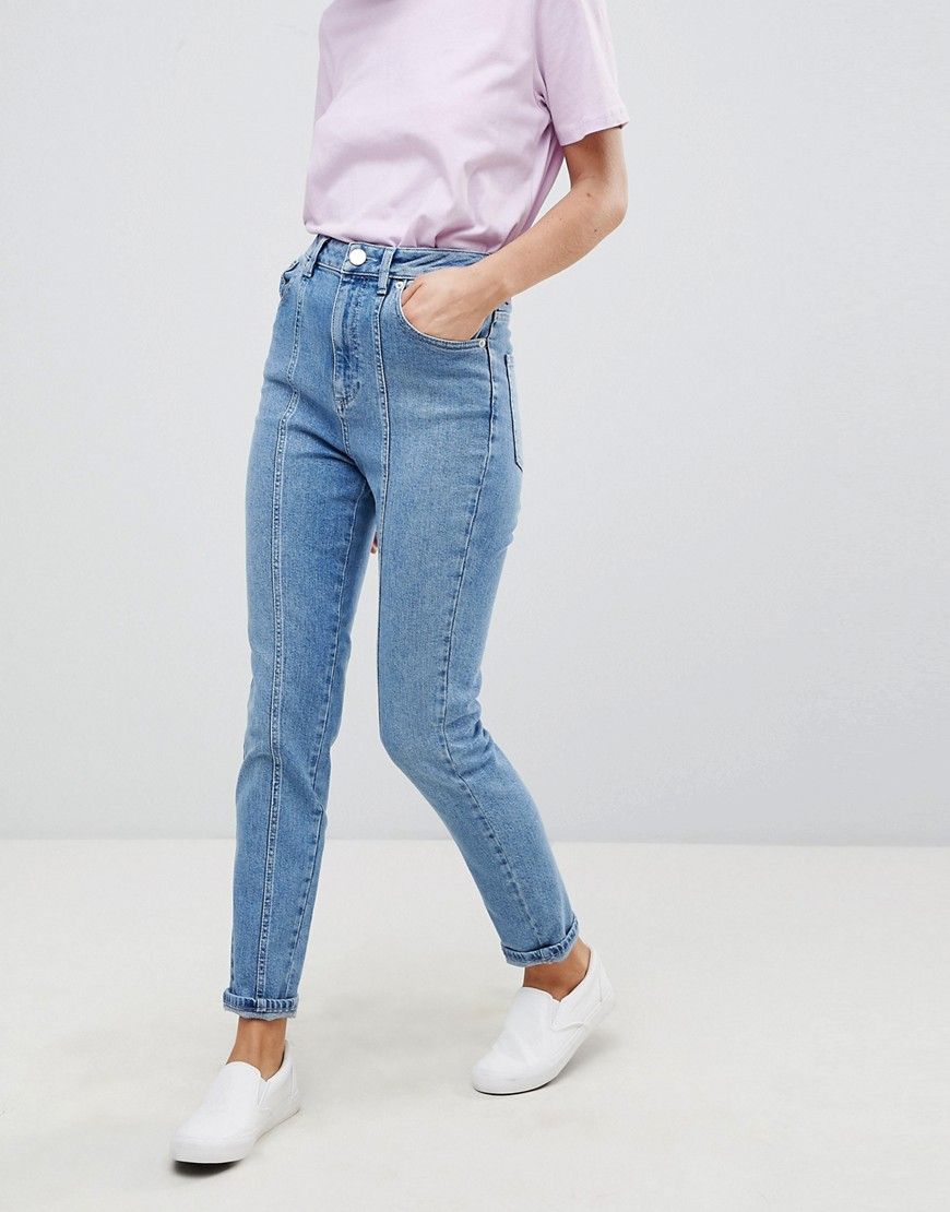 ASOS FARLEIGH High Waist Slim Mom Jeans With Panel Seams In Mid Wash - Blue | ASOS US