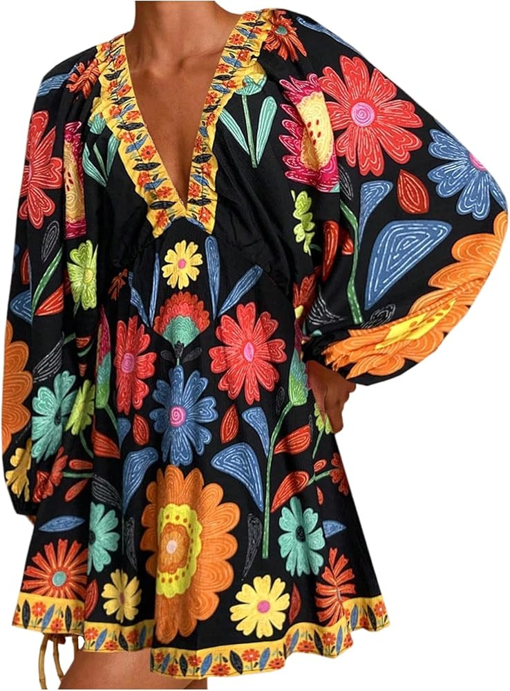 Women's Boho Floral V Neck Mini Dresses Bishop Sleeve Tie Open Back Tropical Dress | Amazon (US)