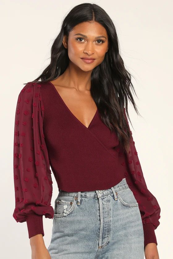 Enticing Style Burgundy Ribbed Swiss Dot Balloon Sleeve Top | Lulus (US)