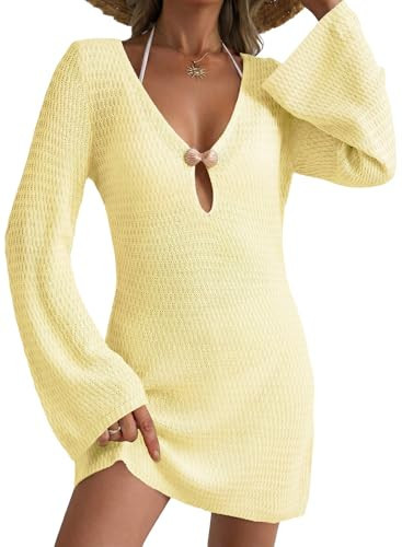 Dokotoo Beach Cover Ups for Women Crochet Cover Ups for Swimwear Women 2026 Summer Fashion Sexy Deep V Neck Hollow Out Bikini Cover Up Dress Solid Bell Long Sleeve Beach Dresses Yellow Cream XX-Large | Amazon (US)