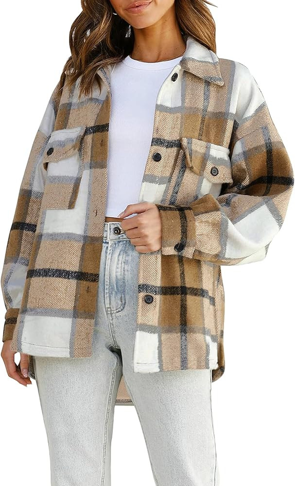 MUXERI Women's Casual Long Sleeve Plaid Button Down Oversized Shirt Shacket Jacket Coat Outerwear wi | Amazon (US)