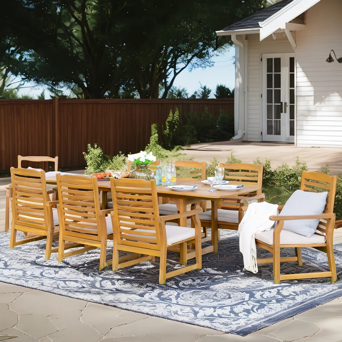 Susa 8 - Person Acacia Wood Patio Dining Set with Extendable Rectangular Table , Cushions Include... | Wayfair North America