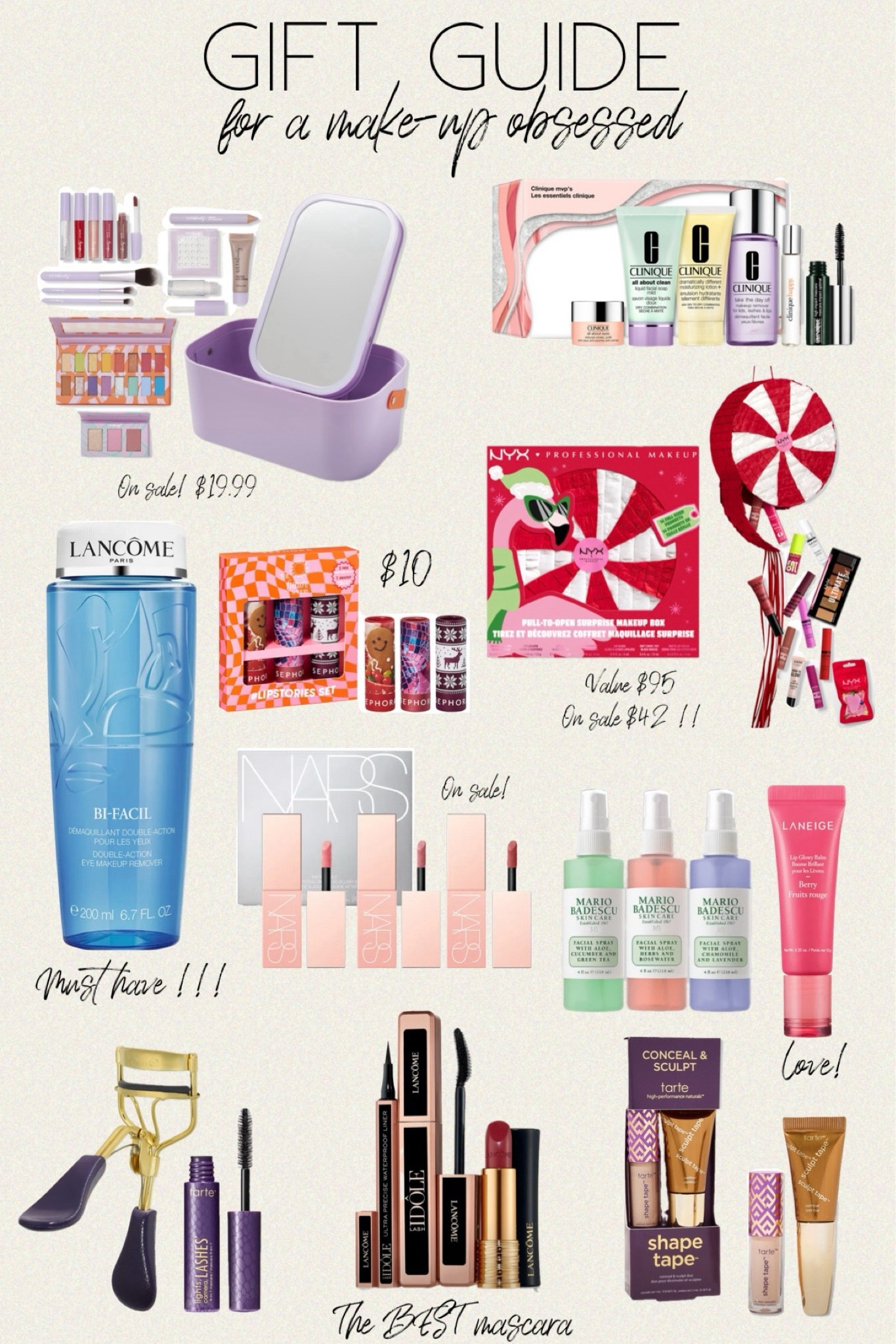 Gift guide for a Make-up obsessed

Ulta Beauty Beauty Box: Main Character Edition / Tarte Cosmetics Shape Tape Conceal & Sculpt Duo / Tarte Cosmetics Picture Perfect Eyelash Curler
Duo / Clinique MVPs Skincare and Makeup Mini Set / NYX Professional Makeup Limited Edition Pull to Sleigh Surprise Makeup Holiday Gift Set / Lancôme Lash Idôle Mascara Set (Limited Edition) / Lancôme Bi-Facil Double-Action Eye Makeup Remover for Sensitive Skin - hands down the BEST makeup remover for sure / NARS Invite Only Mini Afterglow Liquid Blush Set / SEPHORA COLLECTION
#LIPSTORIES Lipstick Set limited edition almost gone / LANEIGE Lip Glowy Balm Berry / Mario Badescu Spritz. Mist. Glow. Set Facial Mist Spray / Tarte Cosmetics 30-Second Smolder Shadow & Liner Trio
Gift for her.

#giftguide #makeup #beauty #tarte #sephora #laneige #giftforher #mariobadescu #ultabeauty #ulta #gabrielapolacek #lip 

#LTKbeauty #LTKGiftGuide #LTKsalealert