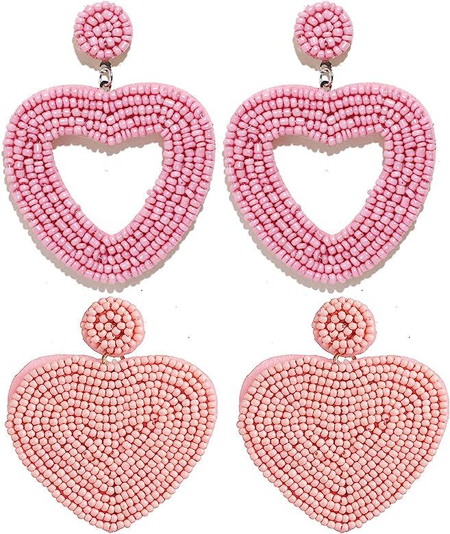 2 Pairs Handmade Seed Bead Love Heart-shaped Statement Exaggerate Colorful Dangle Drop Earrings Set  | Amazon (US)