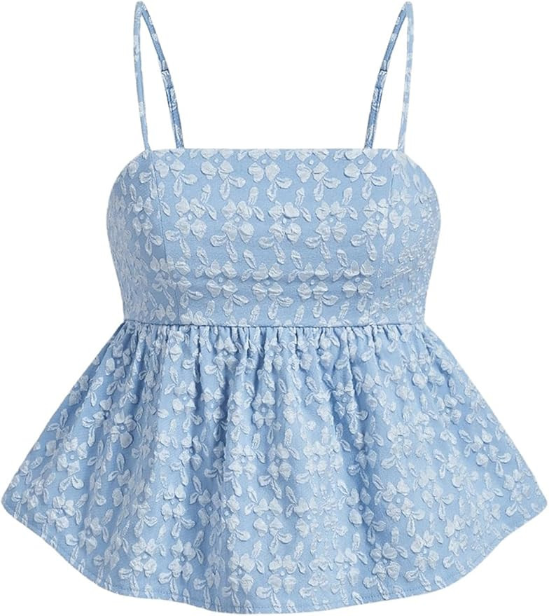 SOLY HUX Women's Spaghetti Strap Ruffle Hem Peplum Cami Top Jacquard Camisole | Amazon (US)
