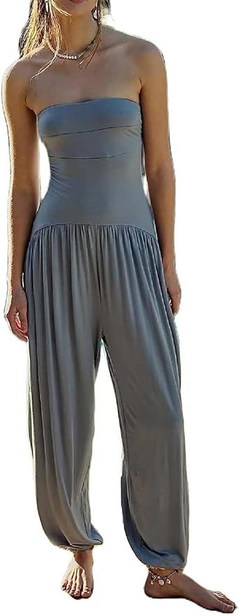 Creaion Women Sexy Strapless Jumpsuit Boho Solid Sleeveless Overalls Long Harem Pants One Piece J... | Amazon (US)