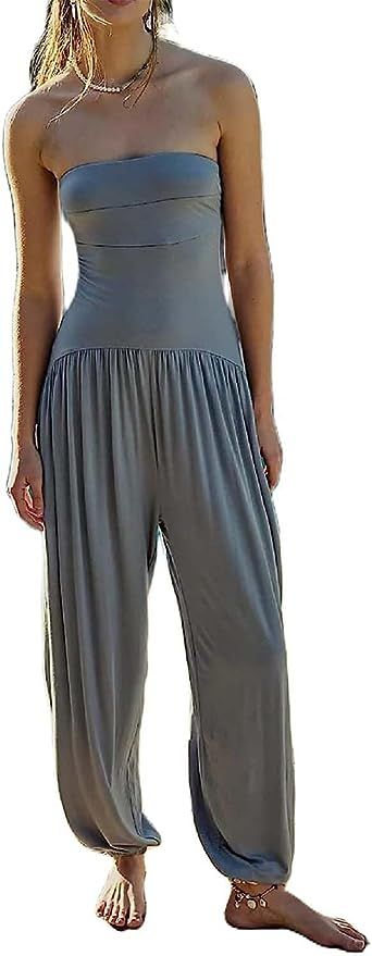 Creaion Women Sexy Strapless Jumpsuit Boho Solid Sleeveless Overalls Long Harem Pants One Piece J... | Amazon (US)