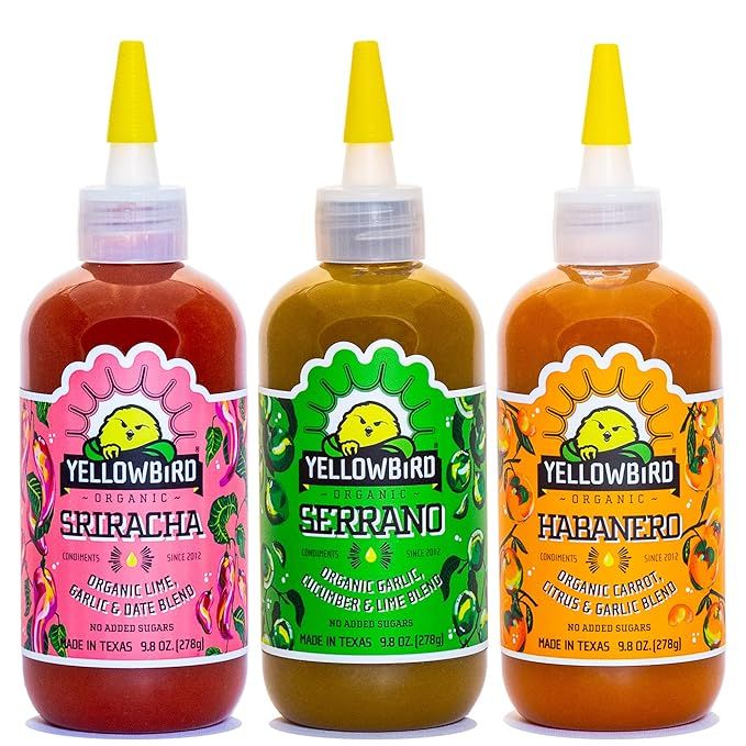 Yellowbird Organic Hot Sauce Variety Set 9.8 oz Pantry Size | Sriracha + Serrano + Habanero (Mell... | Amazon (US)