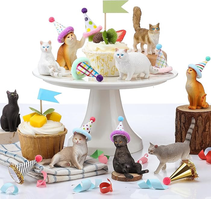 18 Pcs Cat Birthday Party Decorations Mini Birthday Hat Animal Figure Model Cake Toppers with Min... | Amazon (US)