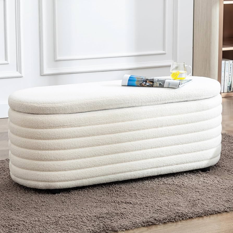Storage Bench, 45" Upholstered Sherpa Large Storage Ottoman Bench, Oval End of Bed Bench for Bedr... | Amazon (US)